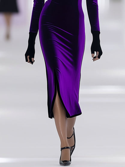 Fashion Retro Black Trim Purple Velvet Slit Long Sleeve Midi Dress