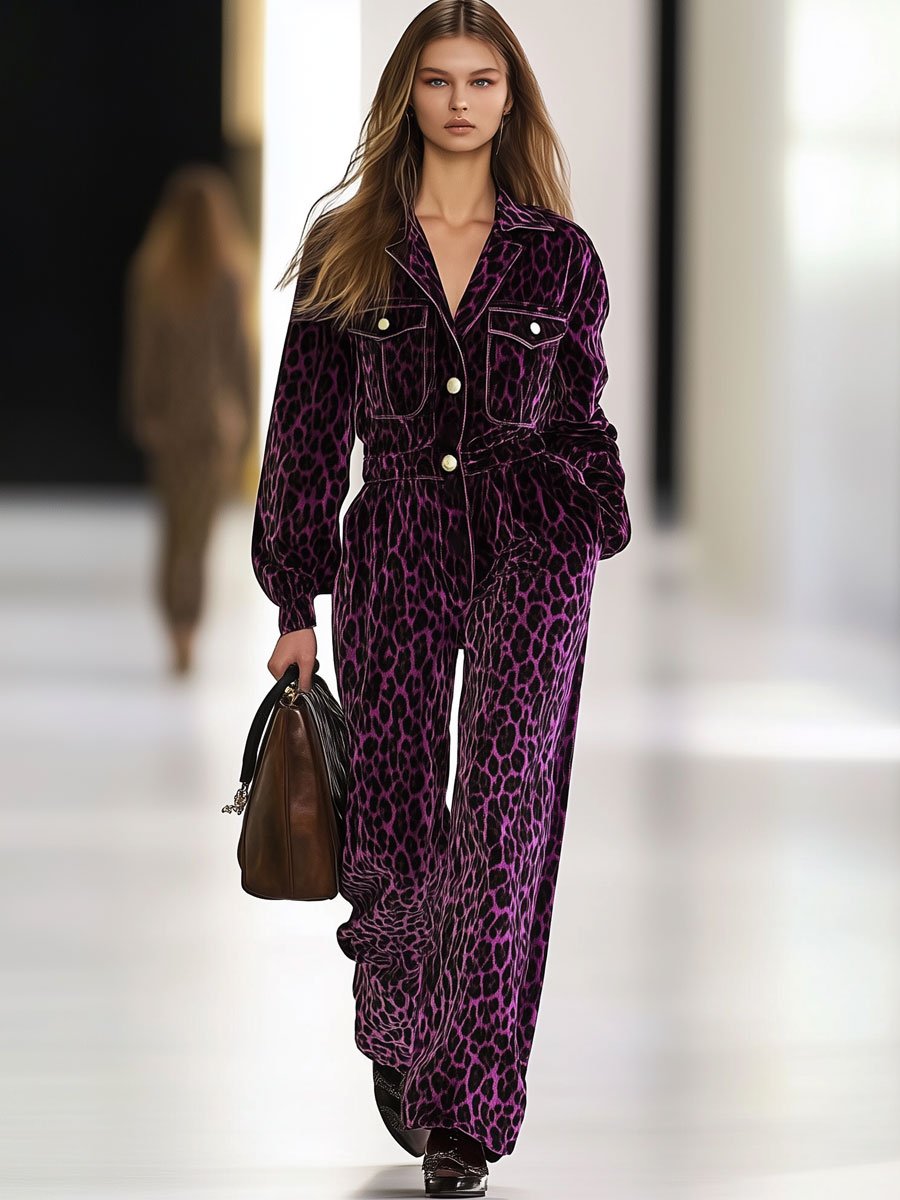 Casual Loose Retro Velvet Leopard Print Multi-Pocket Long Sleeve Jumpsuit