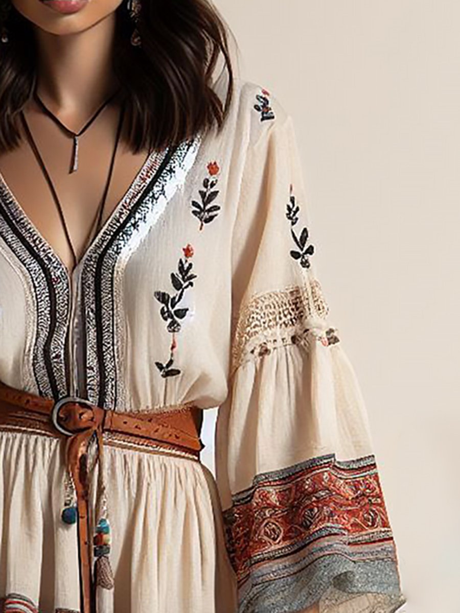 Retro Bohemian Printed V-Neck Mini Dress