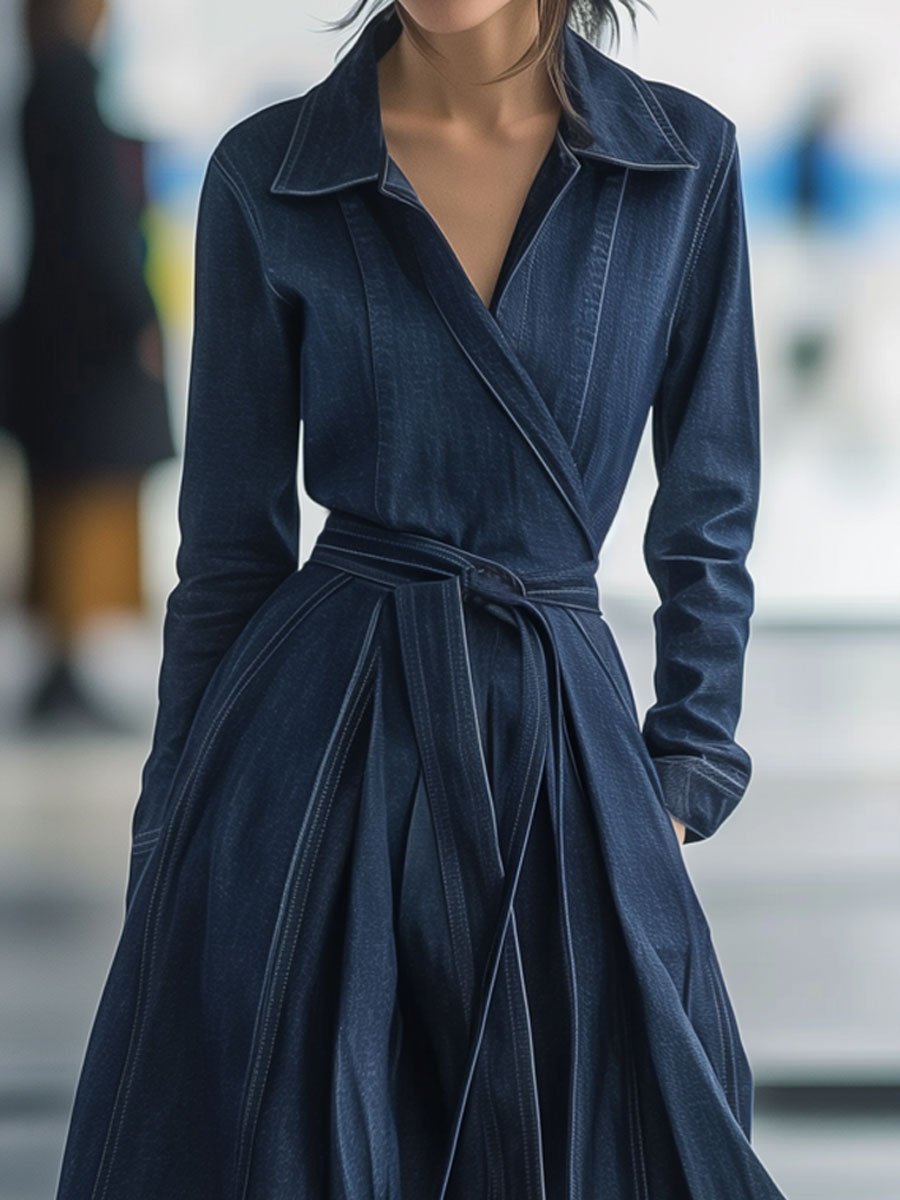 【24-hour shipping】Casual Loose Retro Belted Long Sleeve Trench Coat Denim Midi Dress