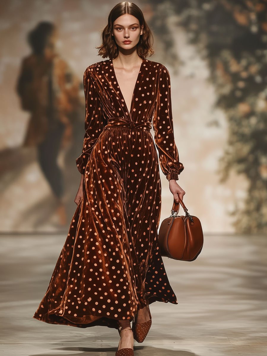 Fashion Retro Velvet Polka Dot V-Neck Long Sleeve Maxi Dress