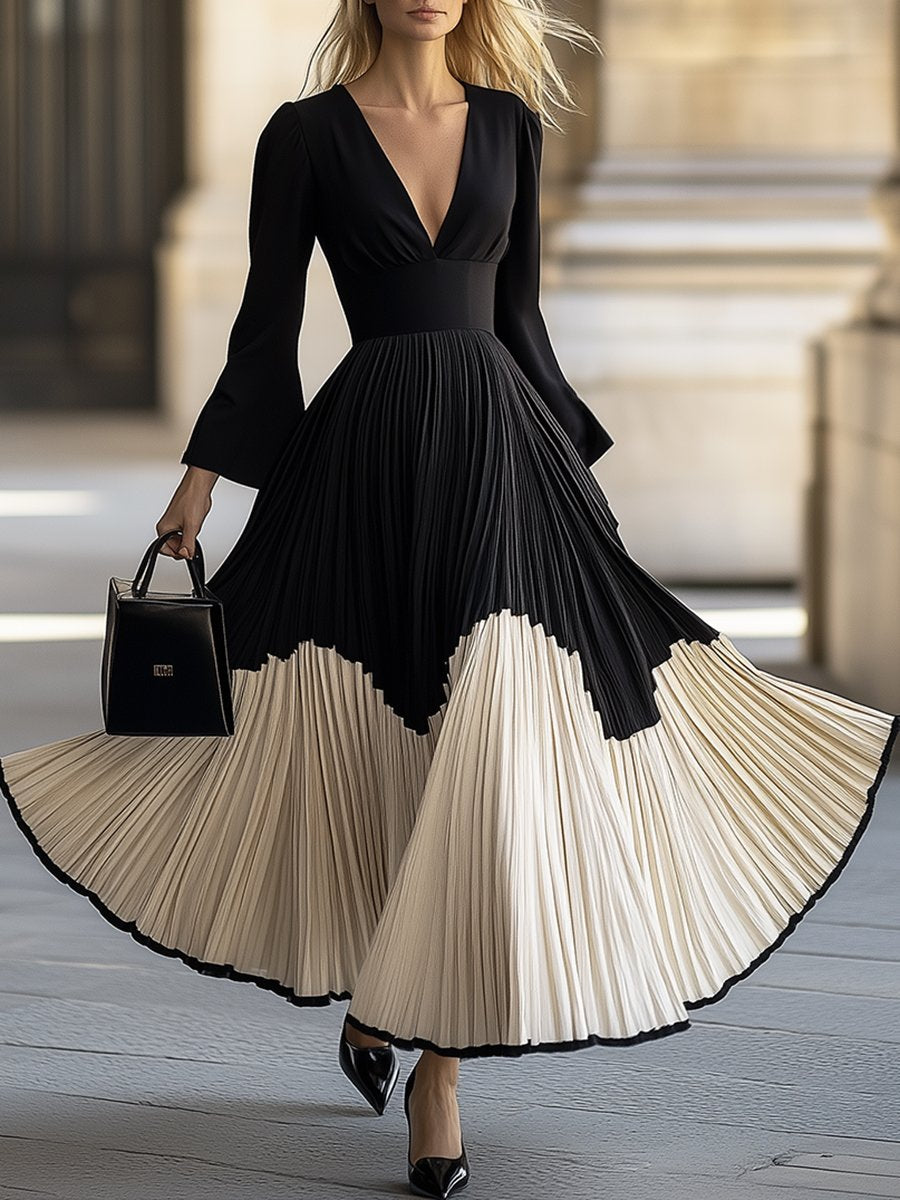 High-End And Elegant V-Neck Hem Color-Blocked Pleated Dress