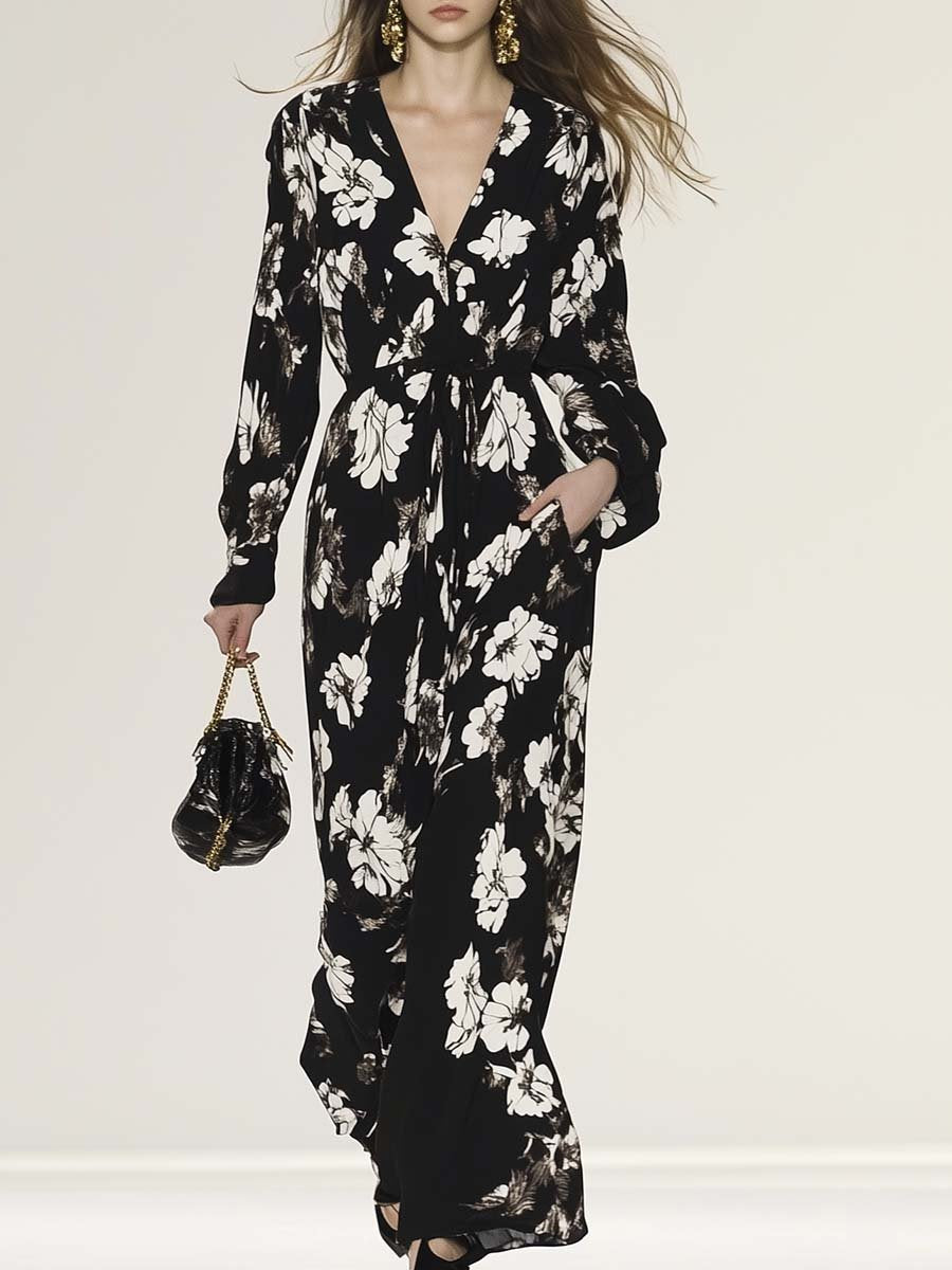 Elegant and Comfortable V-neck Black and White Flower Pattern Jumpsuit