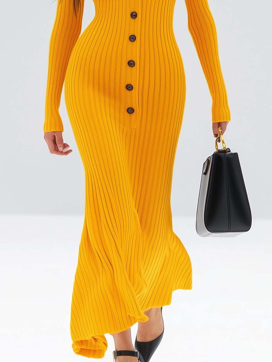 Elegant and Dynamic V-neck Slim Fit Yellow Knitted Maxi Dress