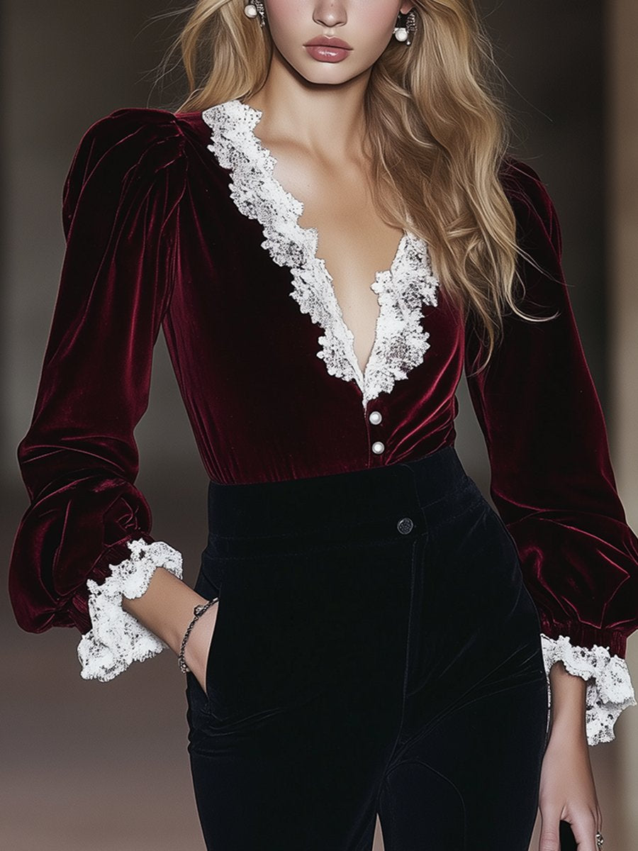 Retro And Fashionable Temperament Exquisite V-Neck Lace Puff Sleeve Velvet Shirt