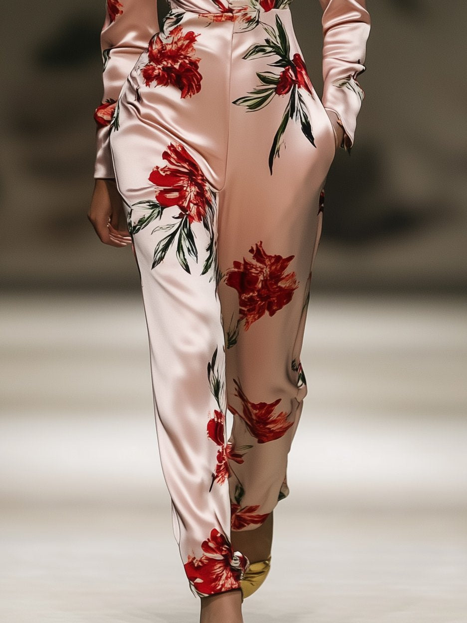 High-End Printed Satin Pink Long-Sleeved Jumpsuit