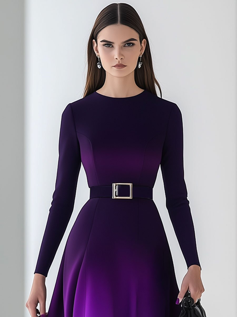 Fashion Retro Round Neck Purple Gradient Lace Long Sleeve Mini Dress