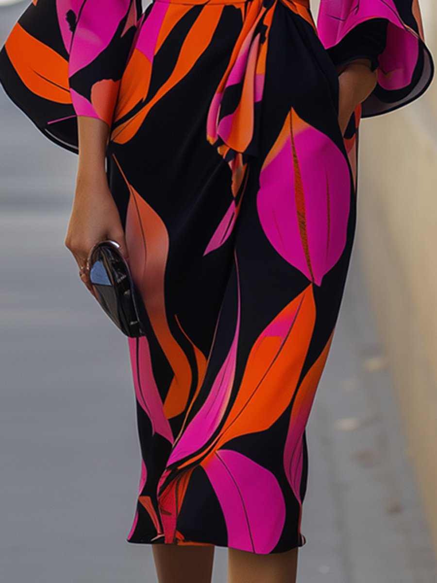 Retro Fashion Elegant Printed Trumpet Sleeve Midi Dress