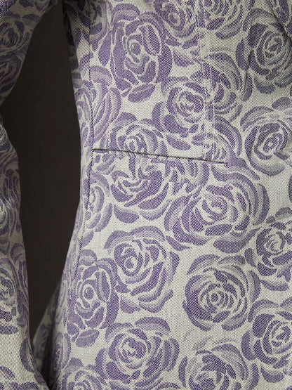 Casual Loose Retro Purple Rose Print  Blazer Wide Leg Pants Set