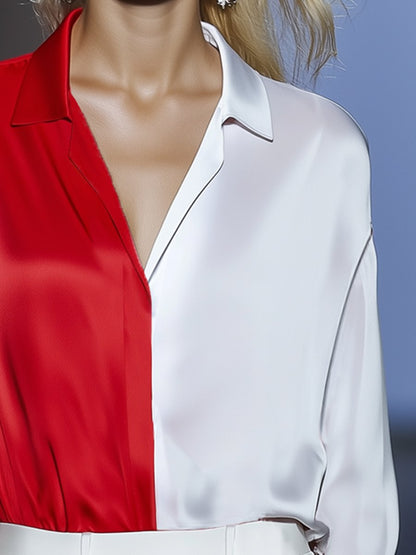 High-End Fashionable And Elegant Red And White Contrast Satin Shirt