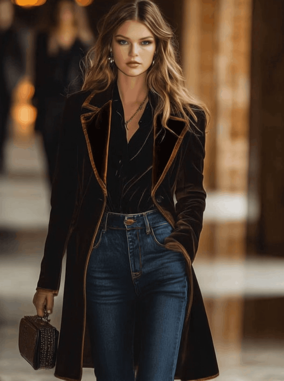 Casual Loose Vintage Velvet Colorblock Lapel Pocket Coat