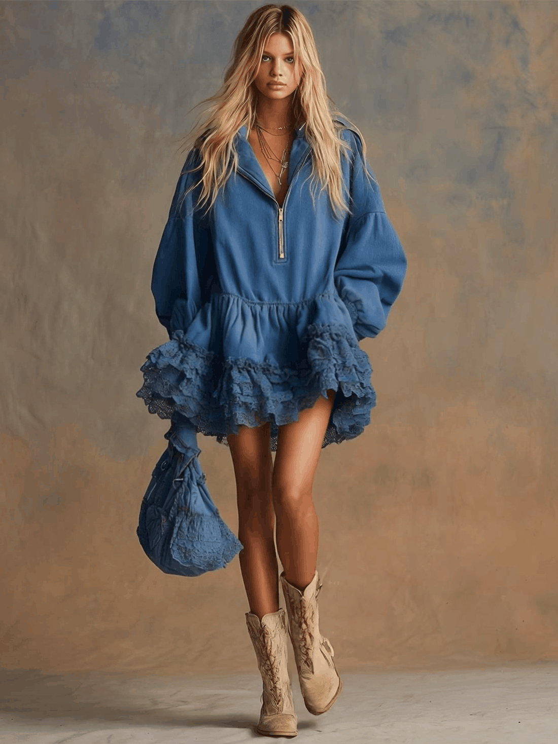 Elegant Vintage Western Hooded Front Zipp Multi-layered Lace Ruffle Hem Blue Denim Mini Dress