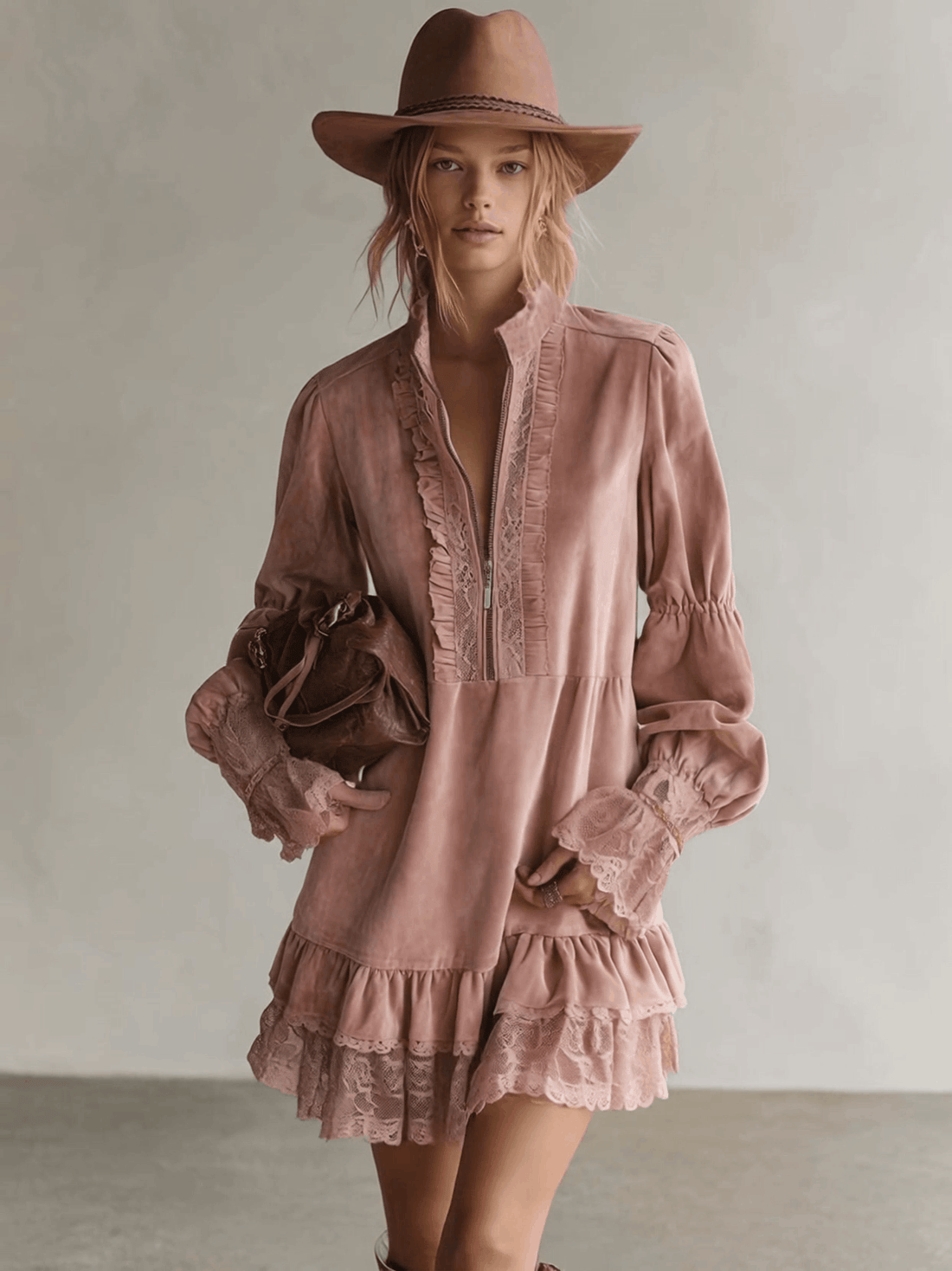 Elegant Vintage Western Lapel Front-zip Lace Trim And Ruffled Hem Pink Suede Mini Dress