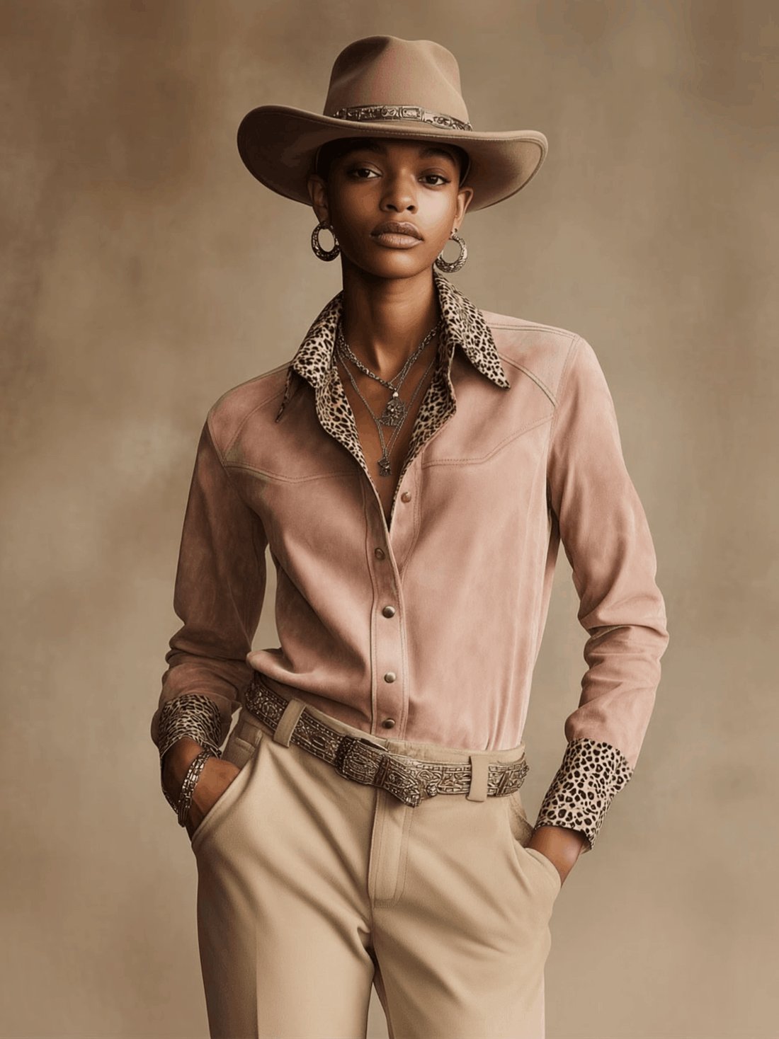 Western Retro Leopard Print Pink Faux Suede Long-Sleeve Shirt