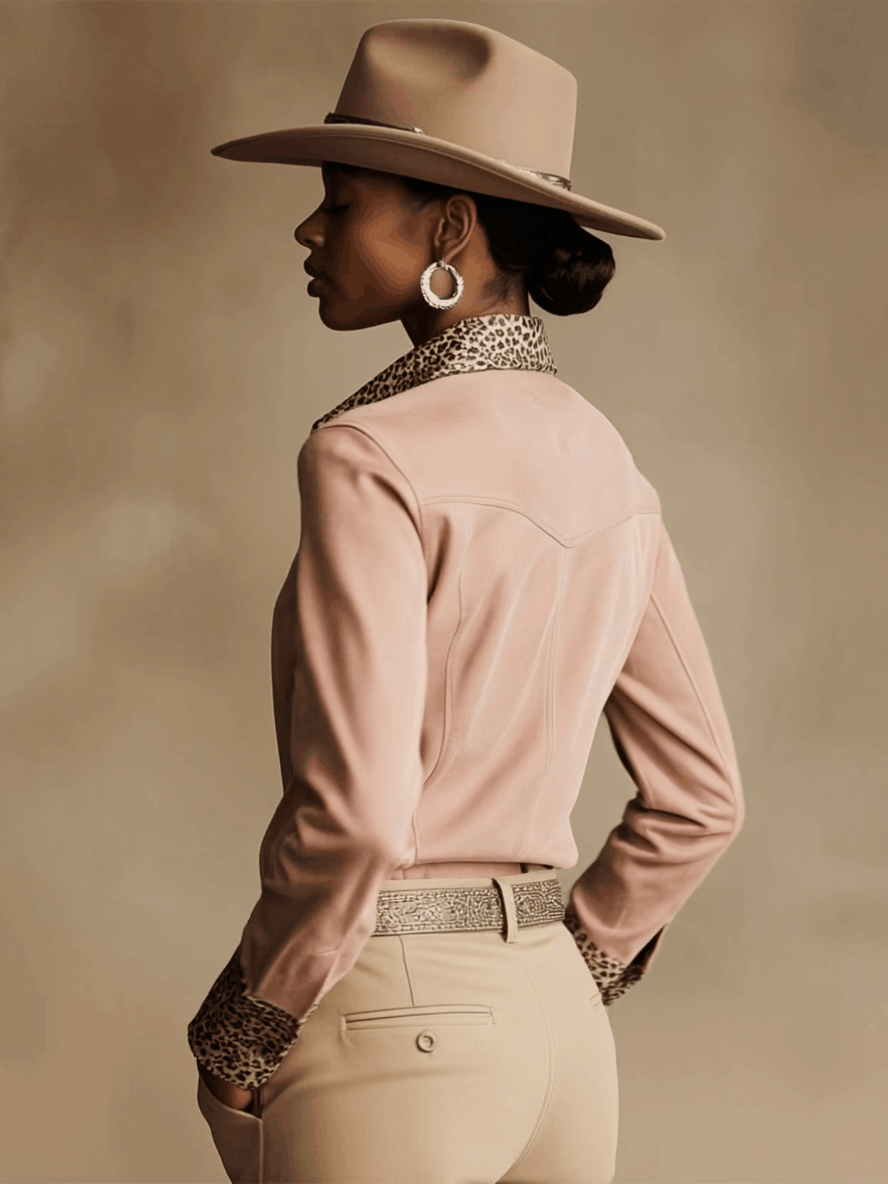 Western Retro Leopard Print Pink Faux Suede Long-Sleeve Shirt