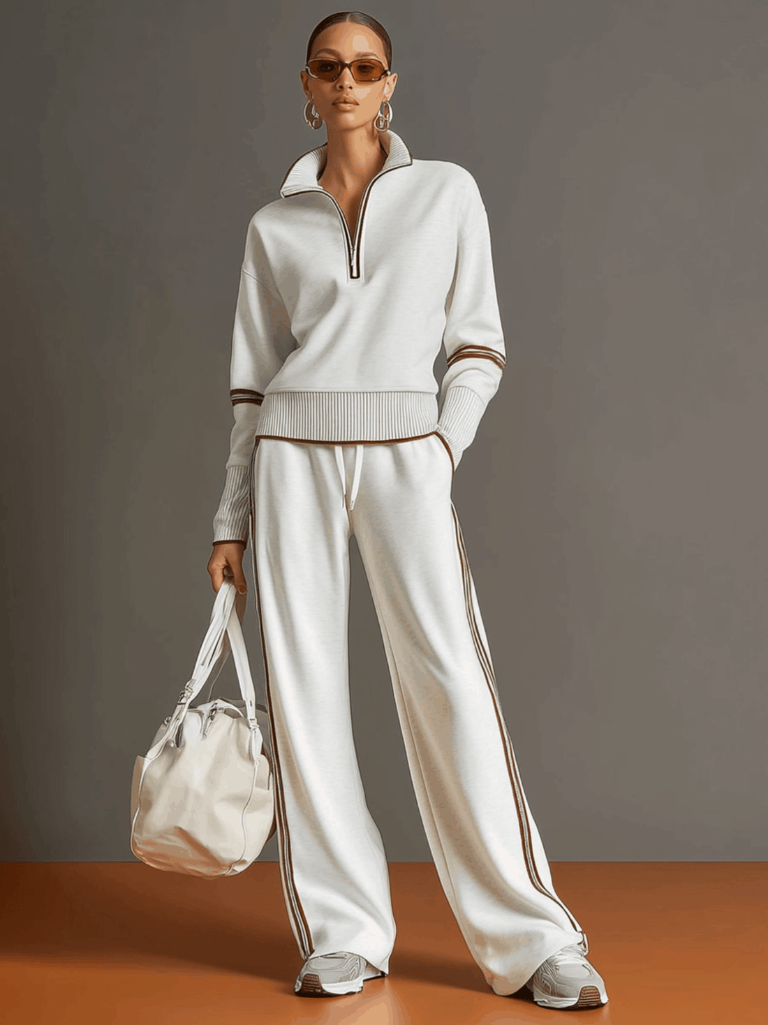 Retro Sporty Webbing Grey-white Half-zip Sweatshirt And Wide-leg Pants Set