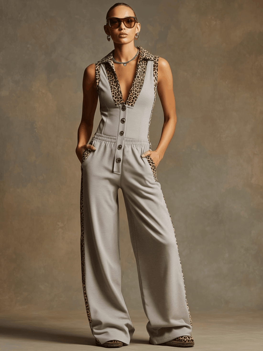 Sporty Retro Leopard Print Trim Gray Sleeveless Wide-leg Jumpsuit