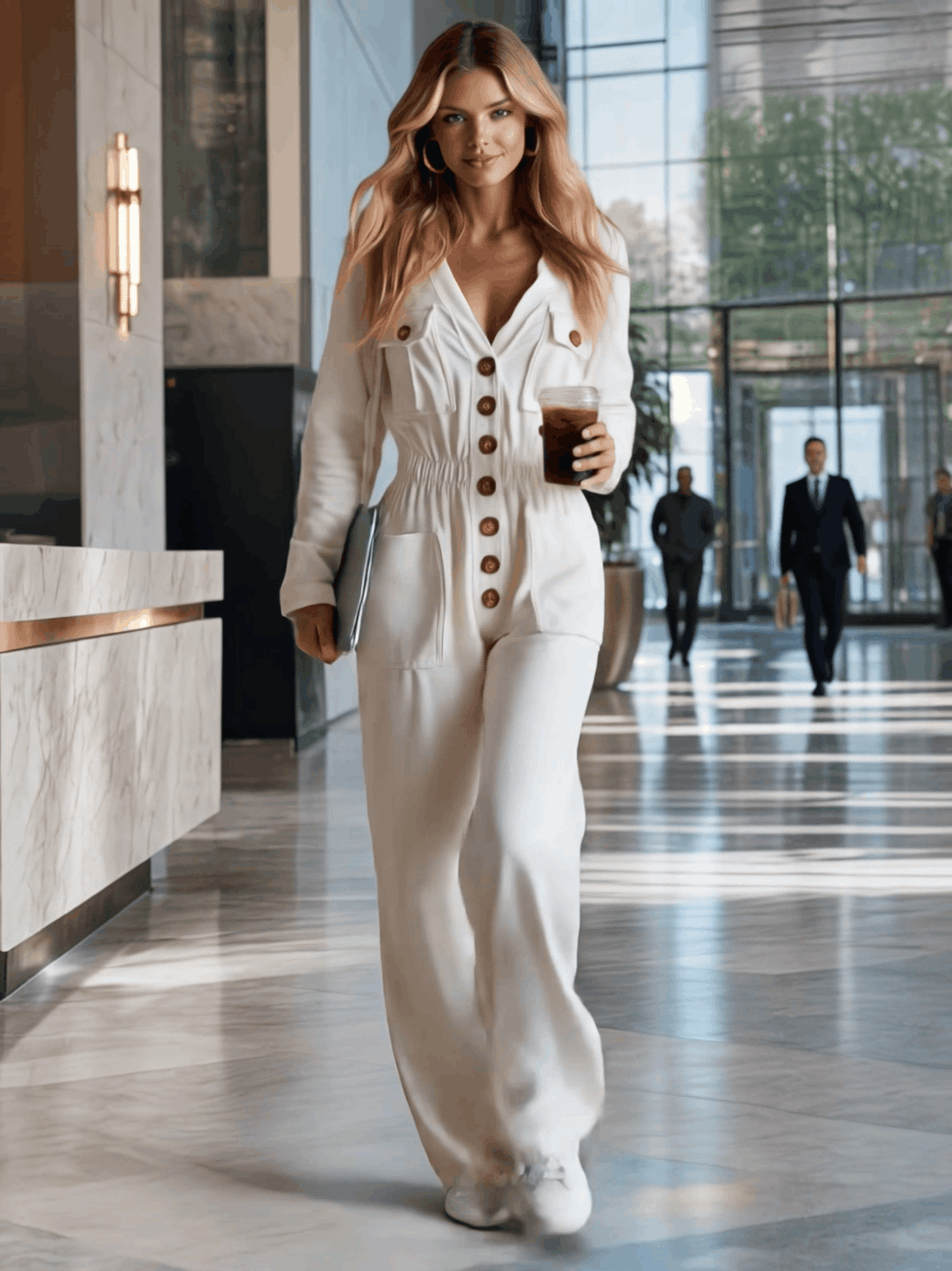Retro Casual Off-white Long-sleeved V-neck Single-breasted Cotton Jumpsuit