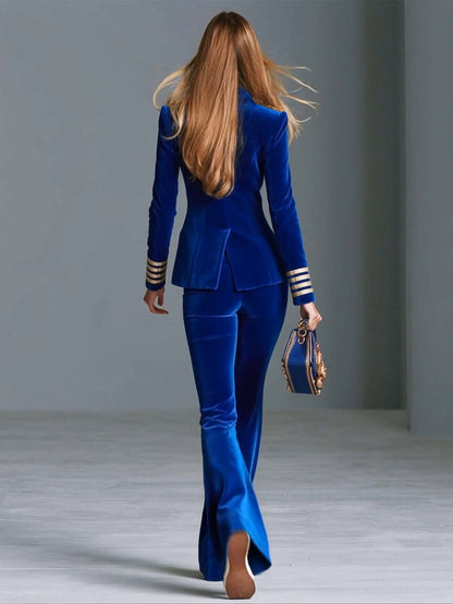 Military Blue Velvet Chain-Trim Double-Breasted Gold-Button Fitted Statement Blazer