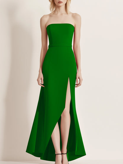 Elegant and Fashionable Green Tube Top with Slit Maxi Dress