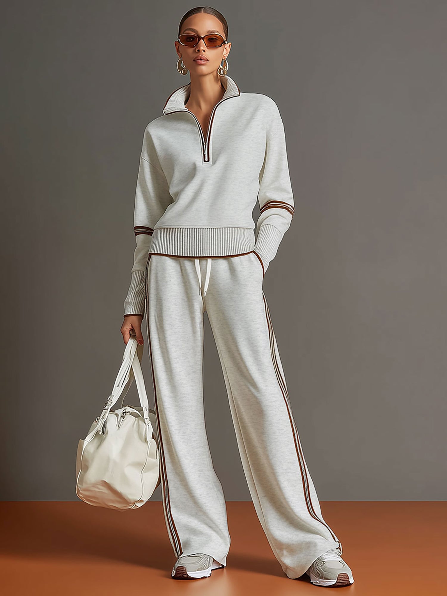 Retro Sporty Webbing Grey-white Half-zip Sweatshirt And Wide-leg Pants Set