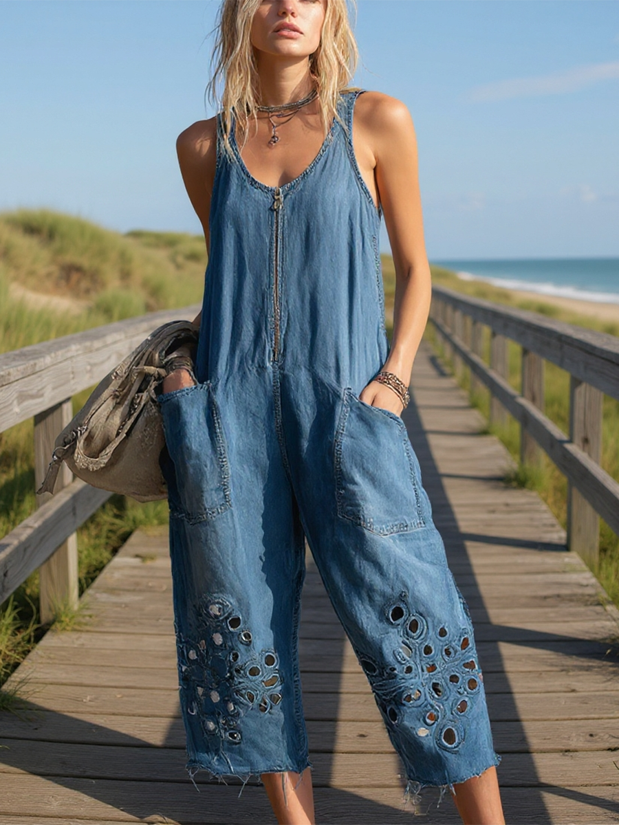 Retro-Casual Cutout Design Blue Denim Jumpsuit