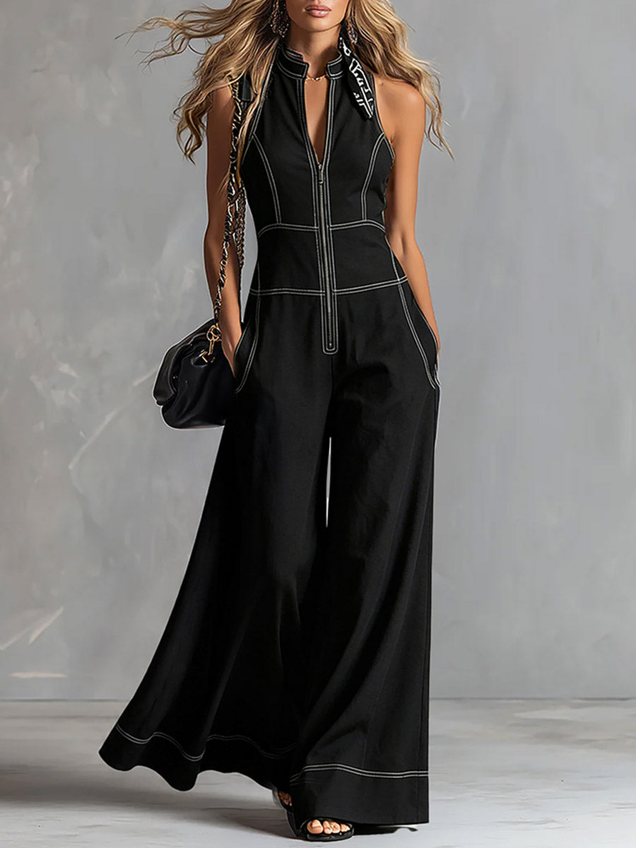 Stylish And Elegant Front-zip Black Tencel Denim Sleeveless Wide-leg Jumpsuit