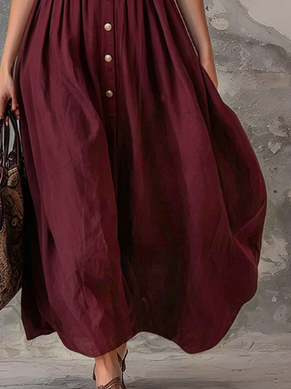 Elegant Zinfandel-colored Cotton And Linen Sleeveless Maxi Dress