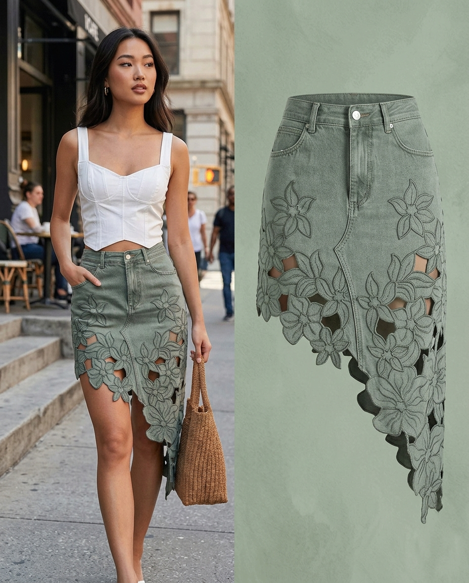 Solene Sage Floral Cutout Denim Skirt Effortless Artisan Detail With A Feminine Edge