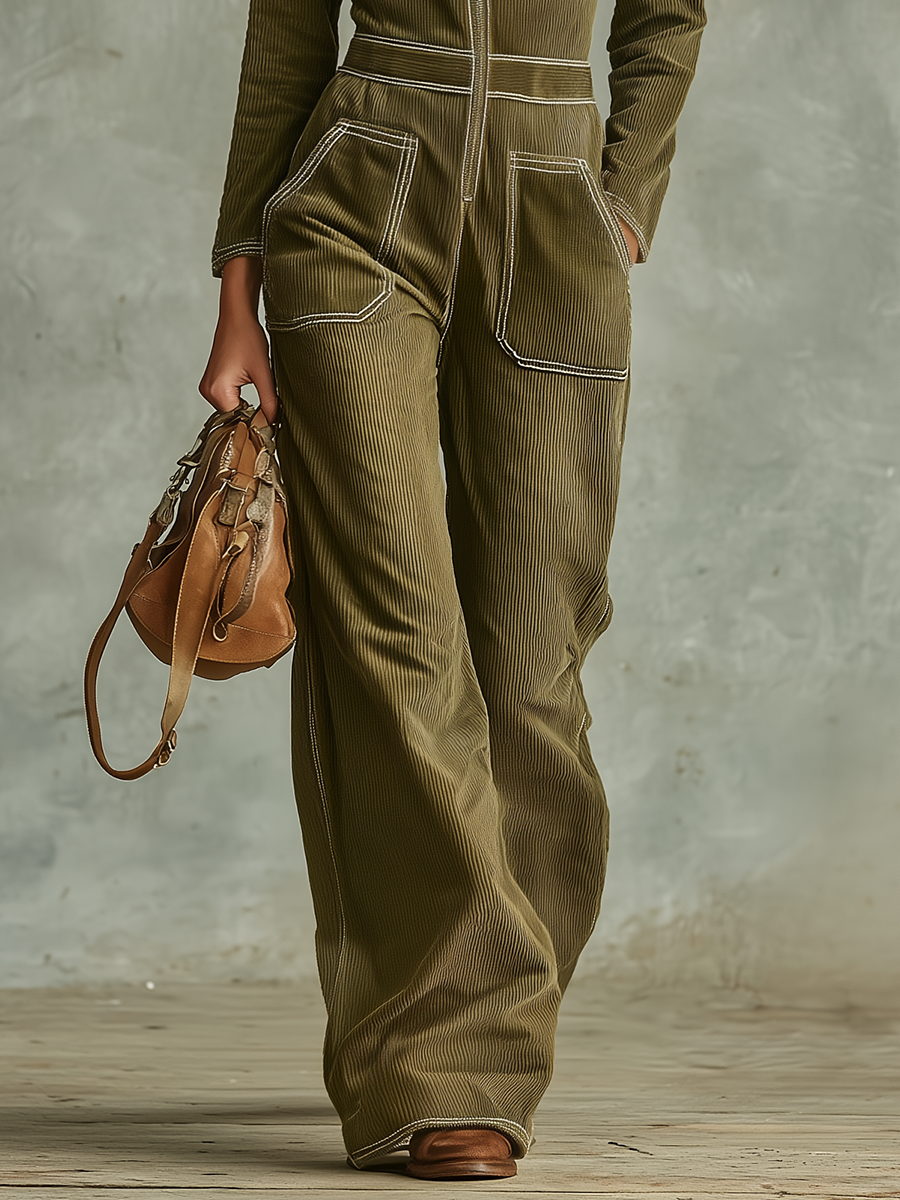 Retro-casual Elegant Western-style Green Corduroy Jumpsuit
