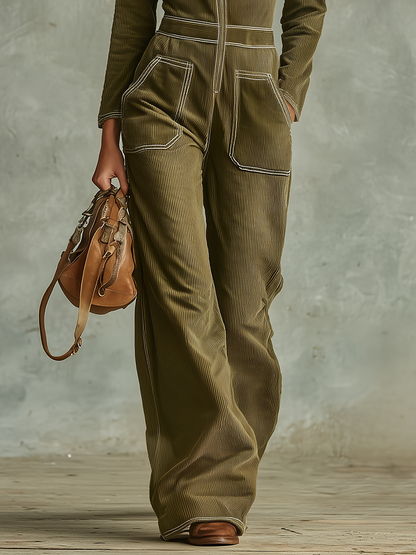 Retro-casual Elegant Western-style Green Corduroy Jumpsuit