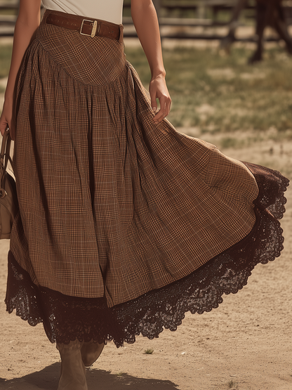 Vintage-style Casual Yet Elegant Western-inspired Brown Plaid Lace Skirt