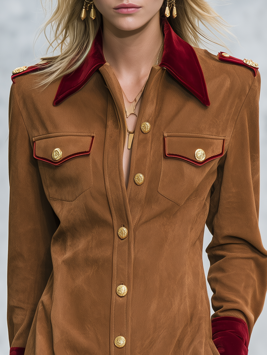 Retro-chic Velvet Shirt Dress With Suede Paneling