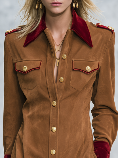 Retro-chic Velvet Shirt Dress With Suede Paneling