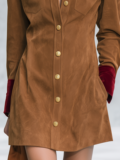 Retro-chic Velvet Shirt Dress With Suede Paneling