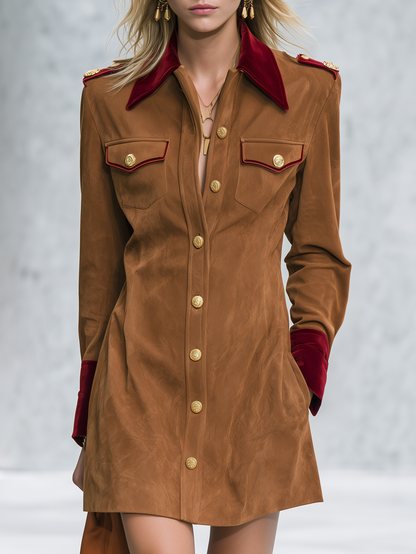 Retro-chic Velvet Shirt Dress With Suede Paneling