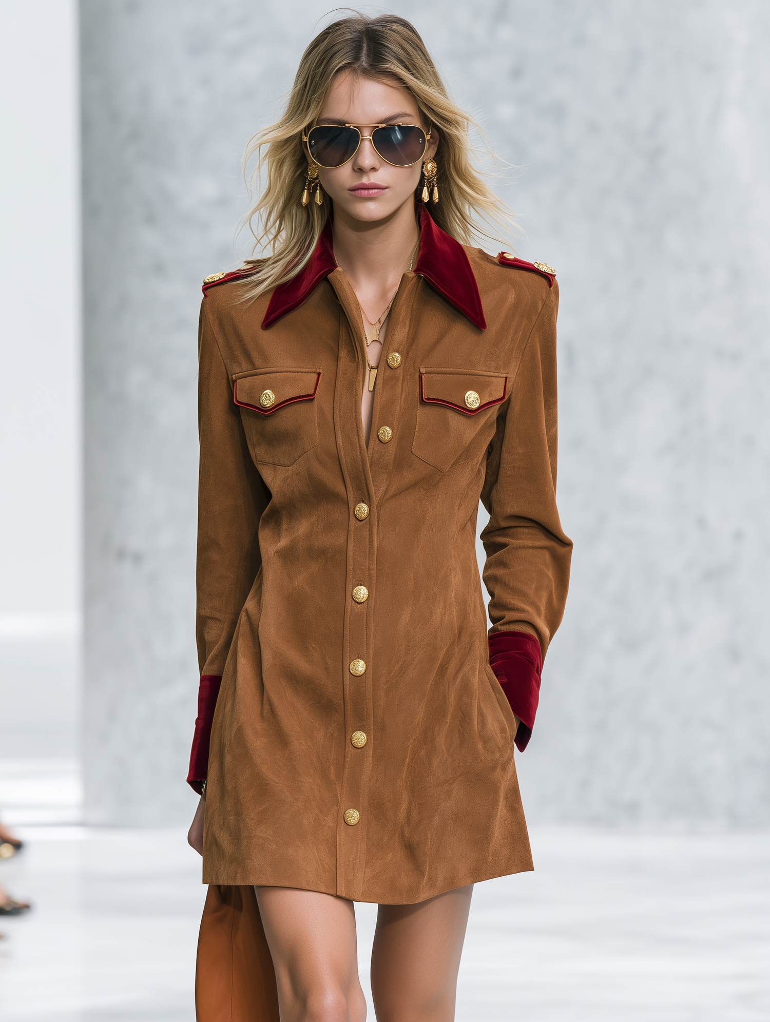 Retro-chic Velvet Shirt Dress With Suede Paneling