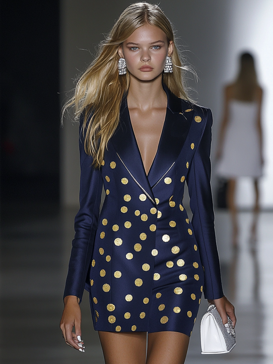 Stylish Navy Blue Polka Dot Blazer Mini Dress