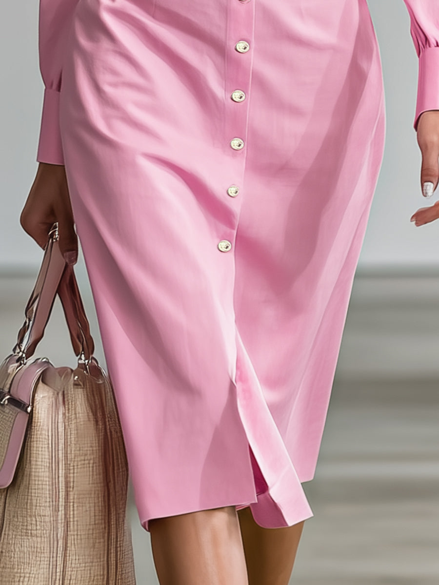 Stylish Pink Shirt Dress With All Buttons Open And An Elasticated Waist Midi Dress