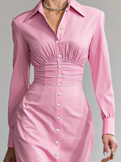 Stylish Pink Shirt Dress With All Buttons Open And An Elasticated Waist Midi Dress