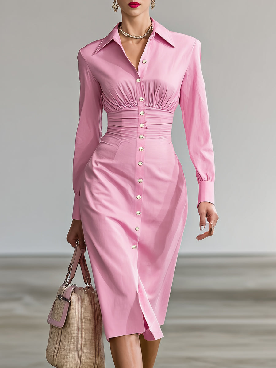 Stylish Pink Shirt Dress With All Buttons Open And An Elasticated Waist Midi Dress