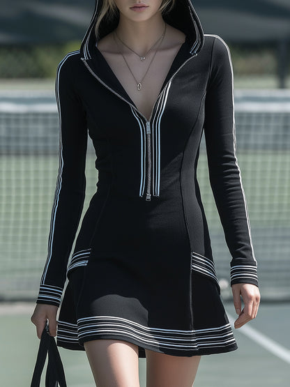 Athletic Style Hooded In Black With White Woven Tape Trim And Zipper Closure Mini Dress