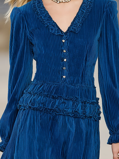 Western Corduroy V-neck Button-up Ruffle Midi Dress