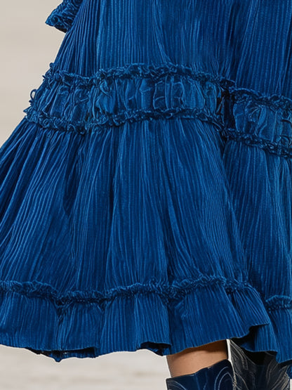 Western Corduroy V-neck Button-up Ruffle Midi Dress