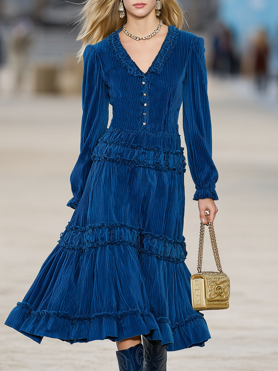 Western Corduroy V-neck Button-up Ruffle Midi Dress