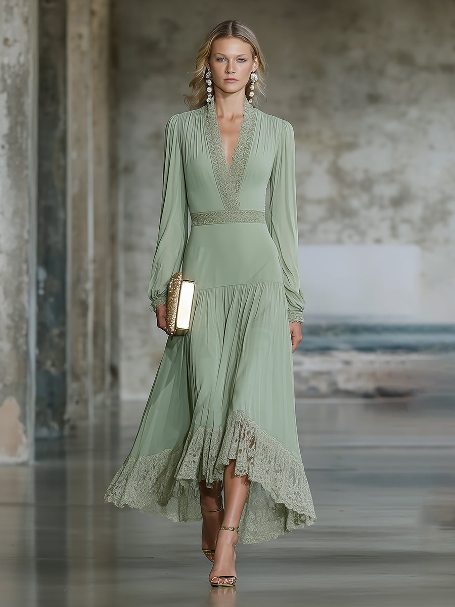 Elegant Green Chiffon V-neck Spliced lace Maxi Dress