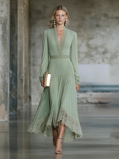 Elegant Green Chiffon V-neck Spliced lace Maxi Dress