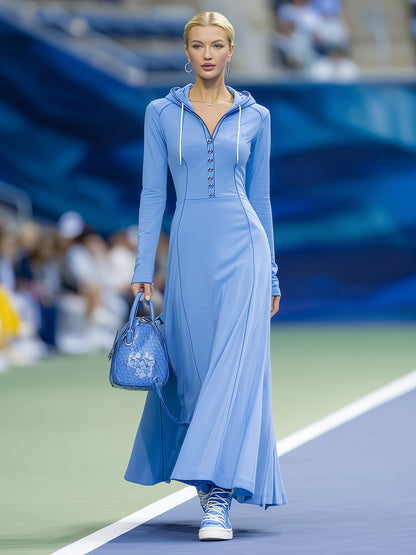 Stylish And Casual Blue Hooded Button-down Long-sleeved Maxi Dress