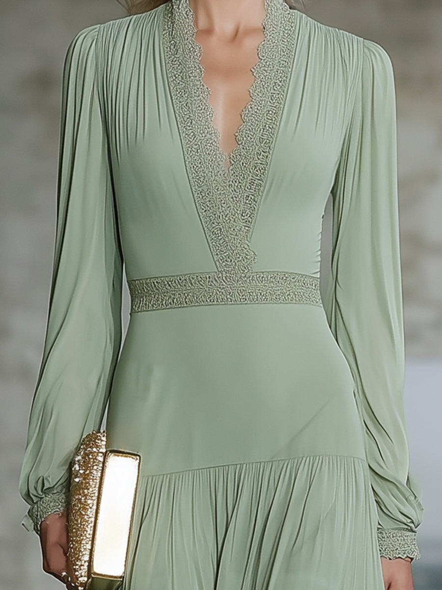 Elegant Green Chiffon V-neck Spliced lace Maxi Dress
