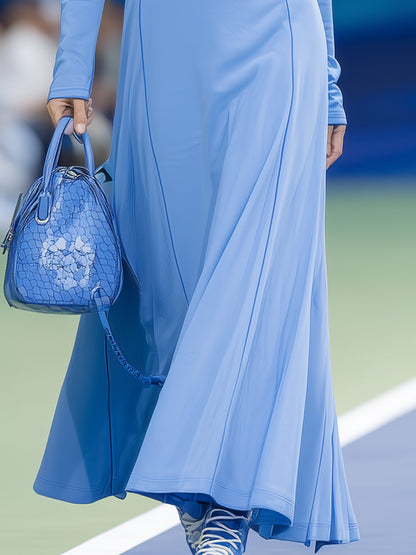 Stylish And Casual Blue Hooded Button-down Long-sleeved Maxi Dress